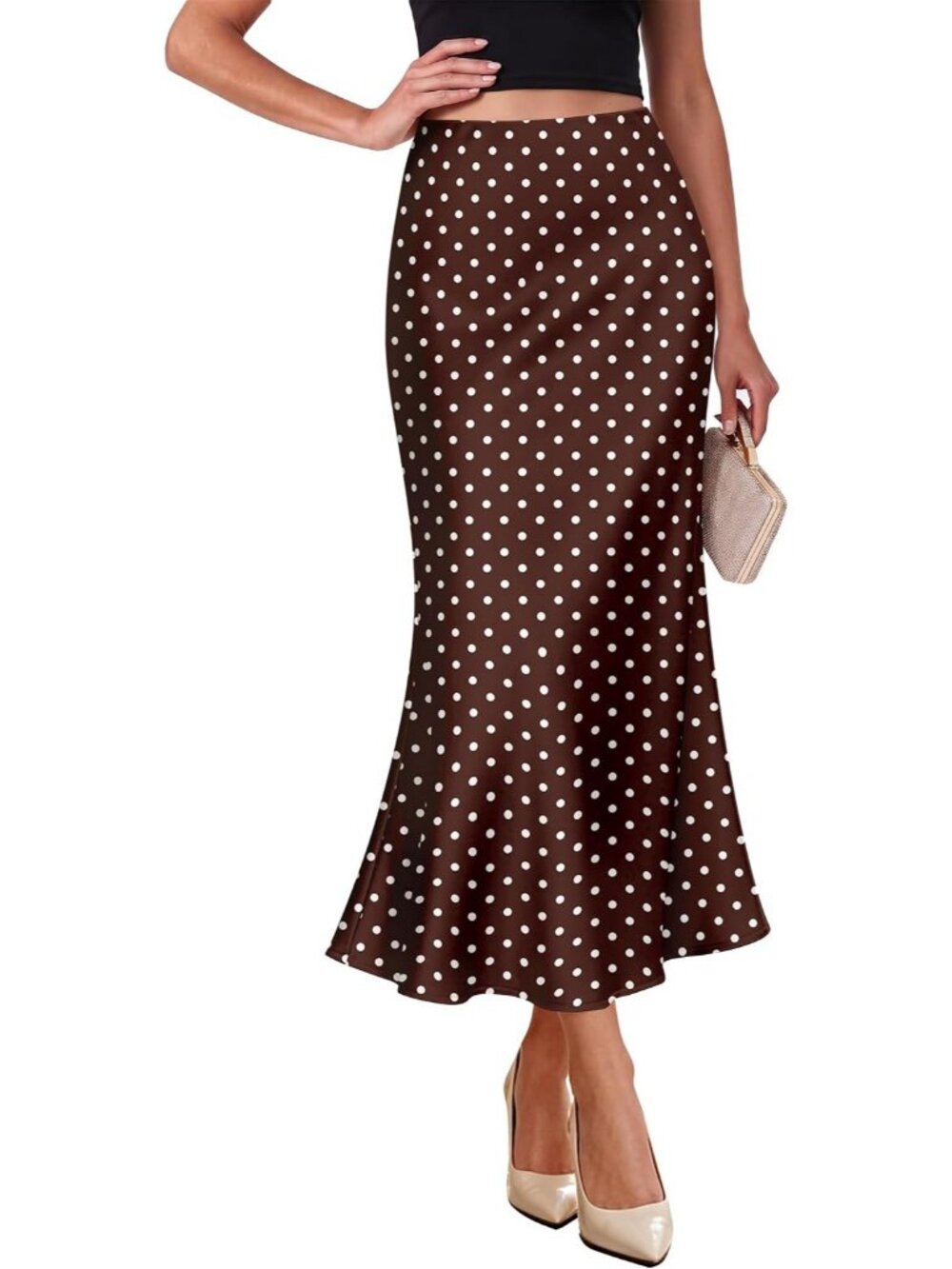 Women's Dot Brown/White Elegant Satin High Waist Silk Bias Cut Slip Midi Skirt